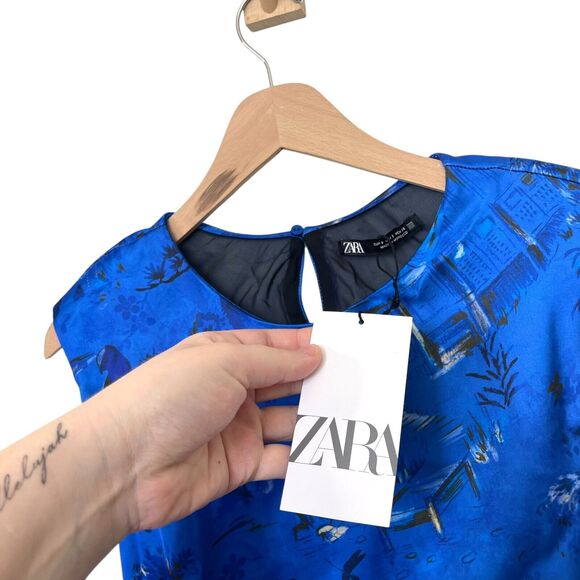 ZARA Oriental Printed Satin Midi Dress Ruched Shoulder Pads Keyhole Blue Small - Picture 10 of 12